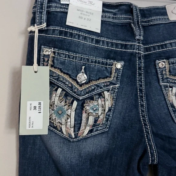 Miss Me Dark-Blue Mid-Rise Boot Cut Denim Jeans